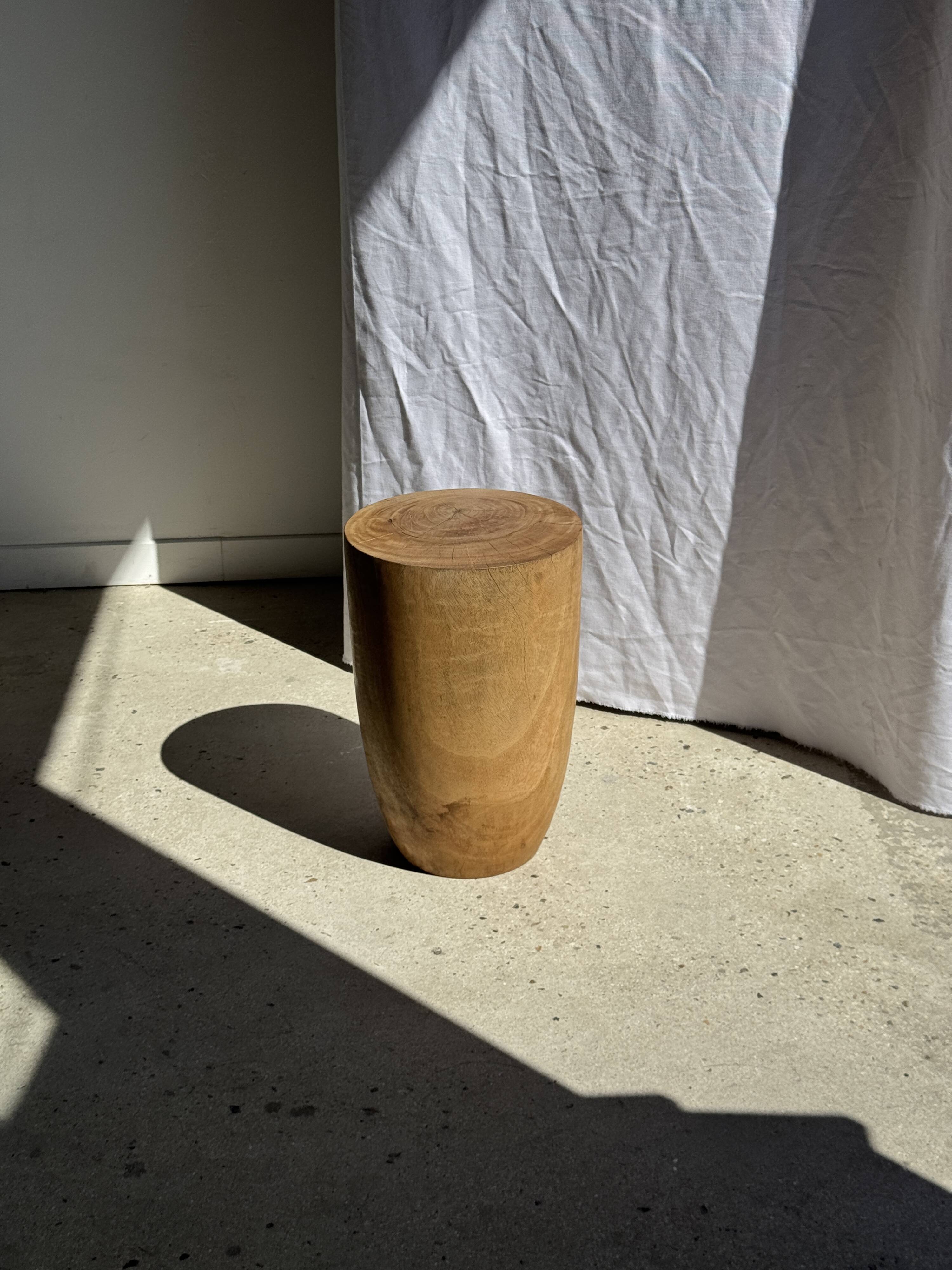 Stool, side table, cylindrical solid mango wood end table.