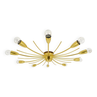 Large brass spider chandelier sun J.T. Kalmar Sonne, flush mount, Austria, 1950s