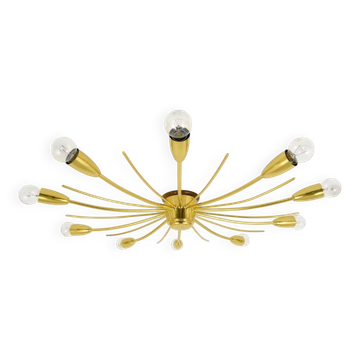 Large brass spider chandelier sun J.T. Kalmar Sonne, flush mount, Austria, 1950s