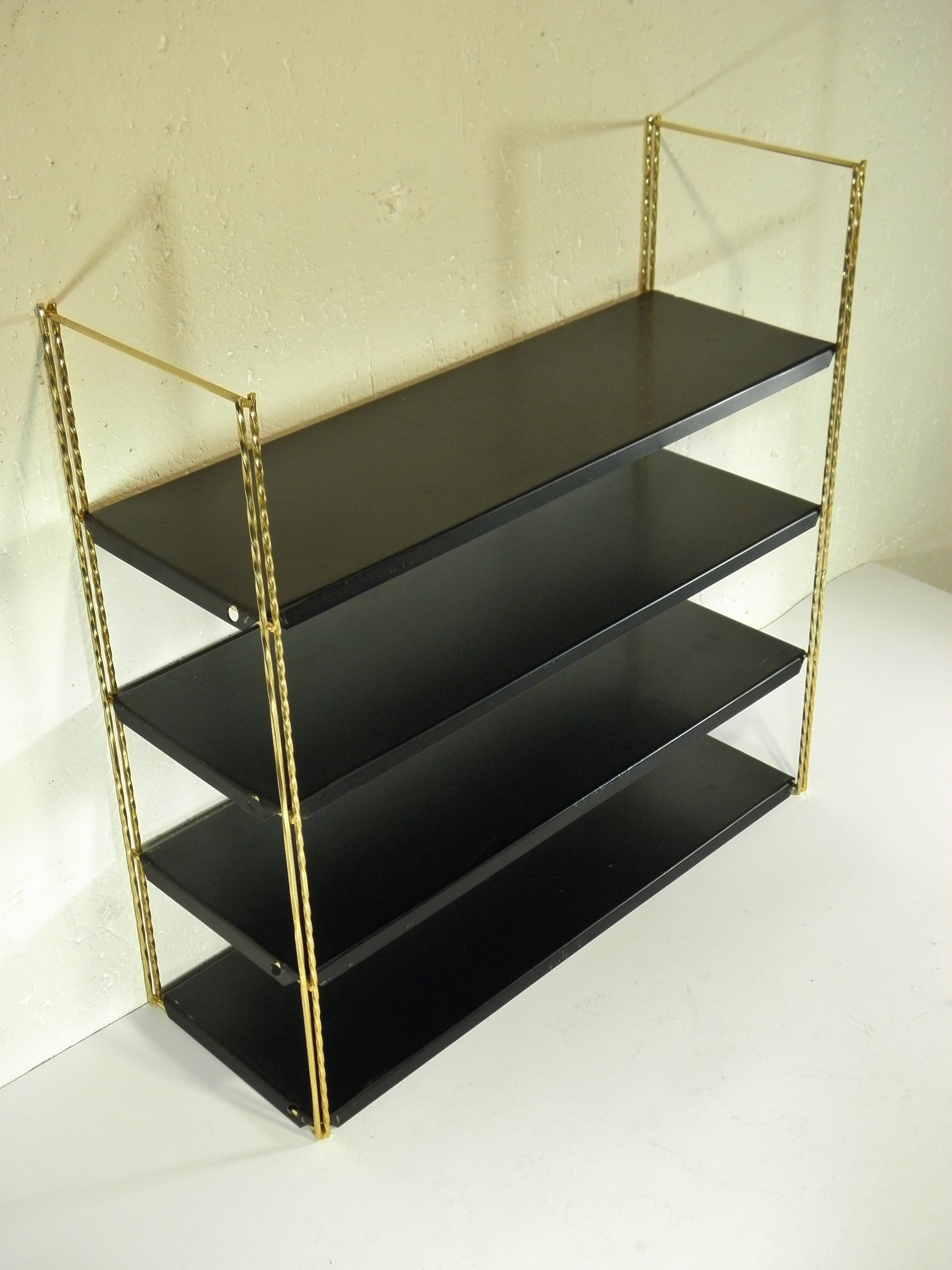 Etagère murale en métal noir et doré, années 60