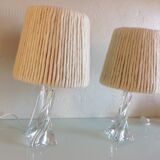 Pair of twisted glass foot bedside lamps and wool/vintage 60s and 70s lampshades