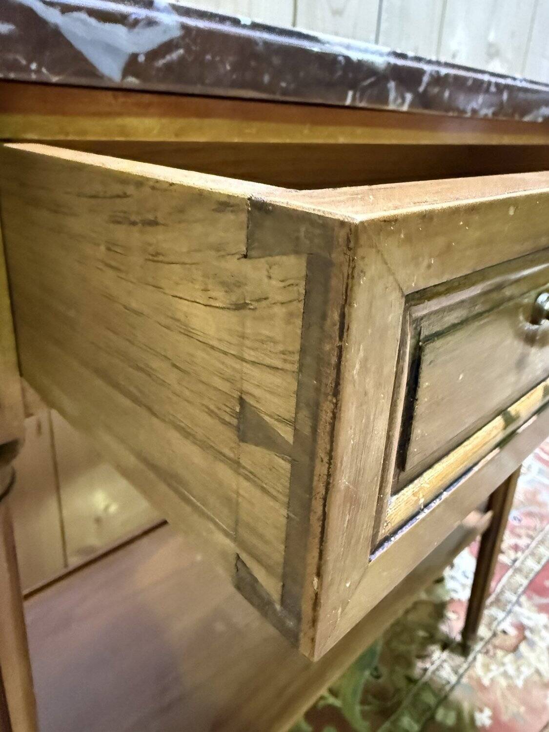 Louis XVI style console in marble and cherry wood.