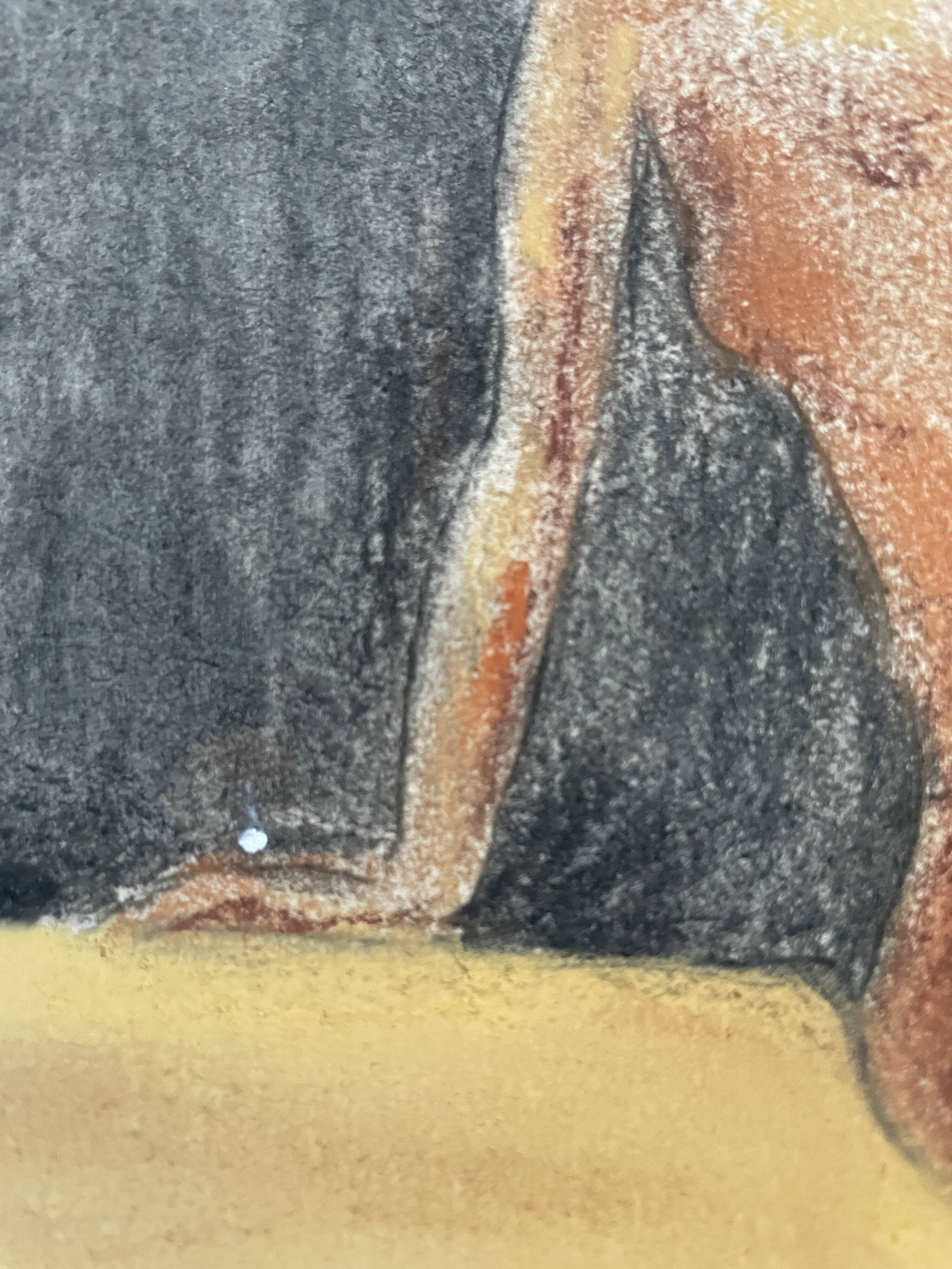 Painting signed pastel female portrait “the ocher sofa” 42x30 cm