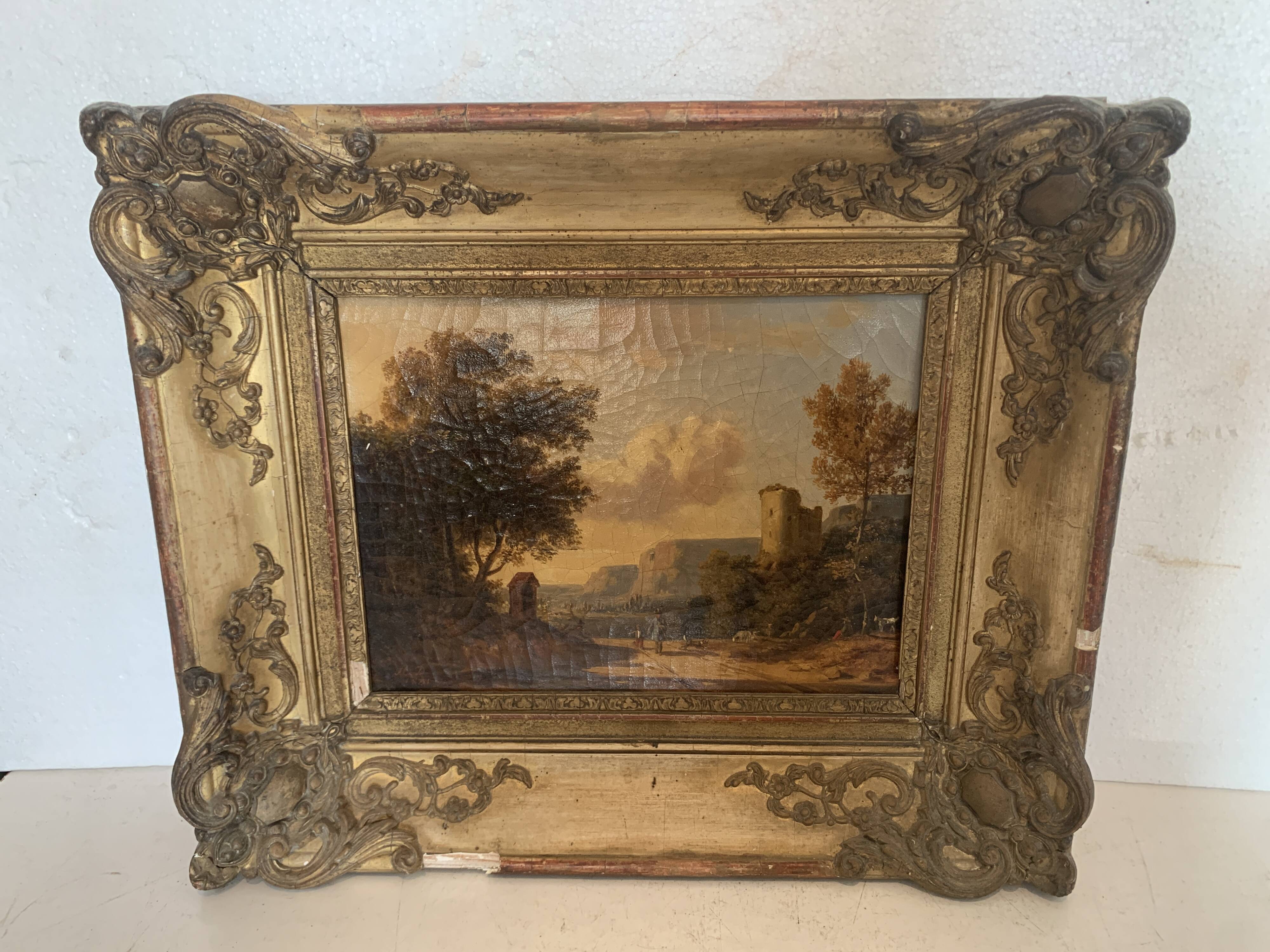 Oil on canvas "Animated landscape" wooden frame and gilded stucco 19th century