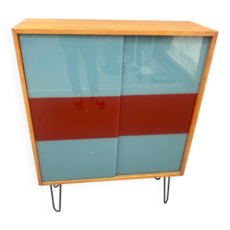 Dřevotvar Hradec Králové Cabinet with Metal Legs and Colored Glass