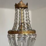 Lustre corbeille ancien en laiton et pampilles – Art déco années 1930
