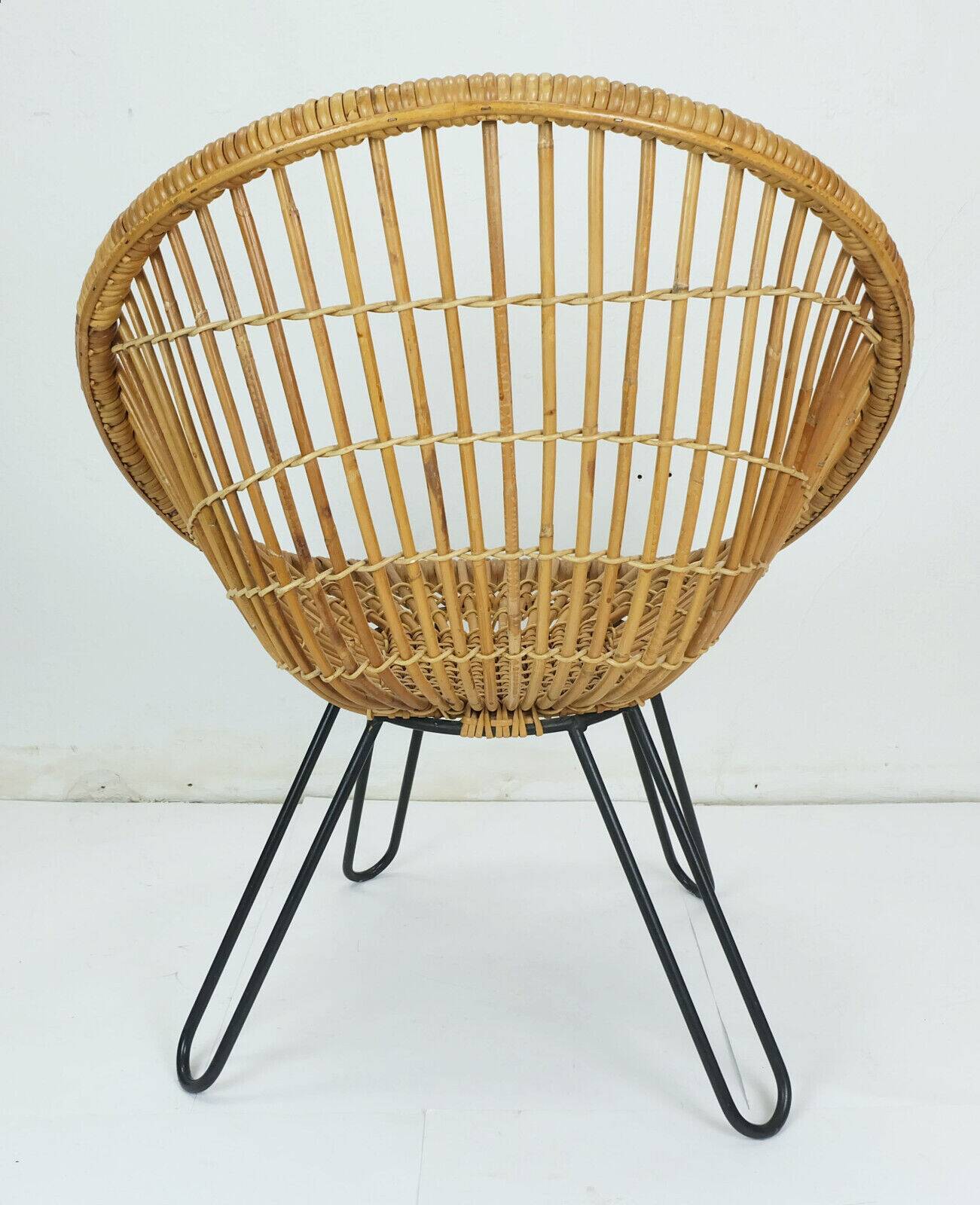 1960s mid century armchair bamboo wicker with hairpin legs