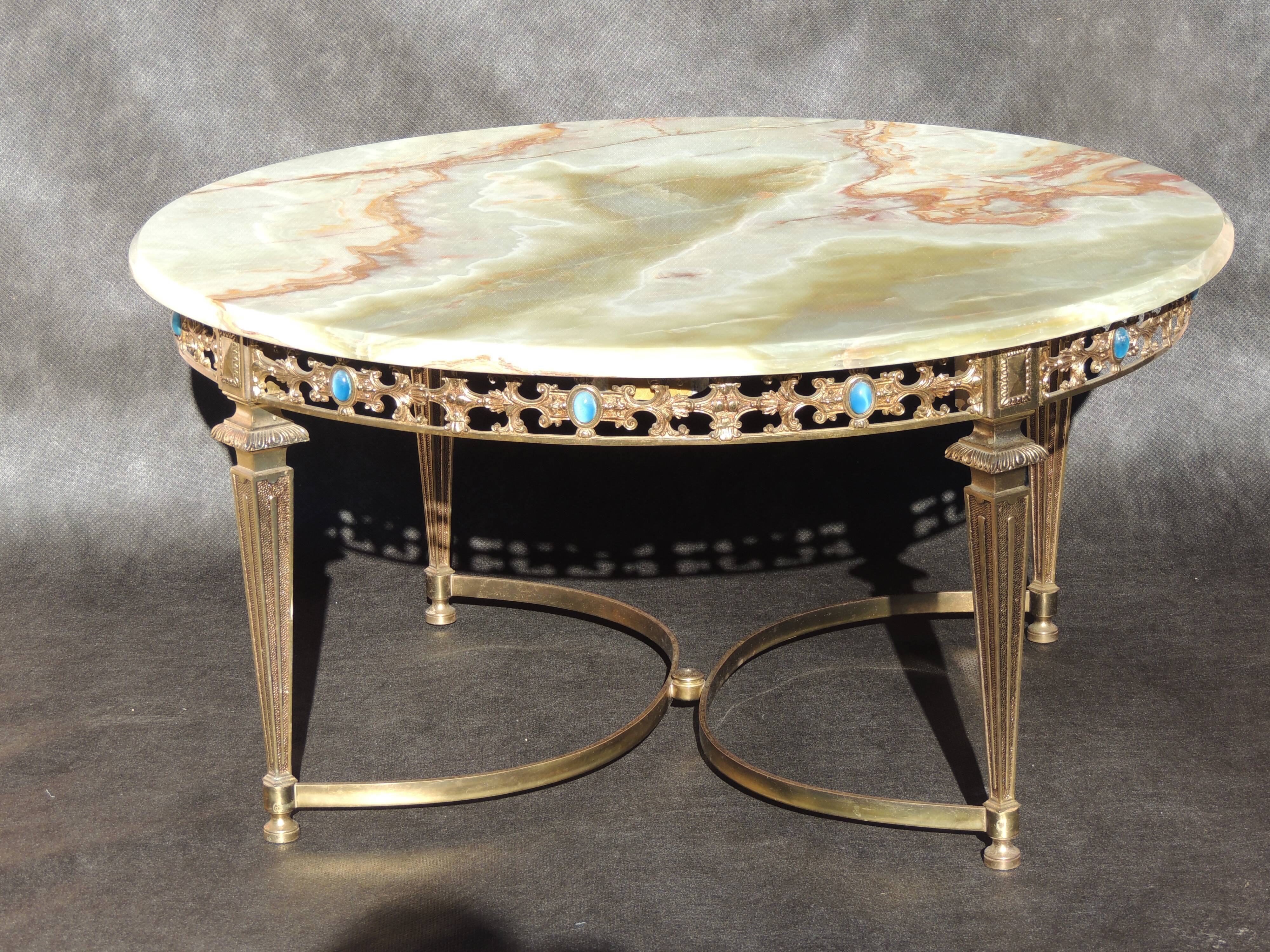 Table basse rode de salon marbre onyx et bronze