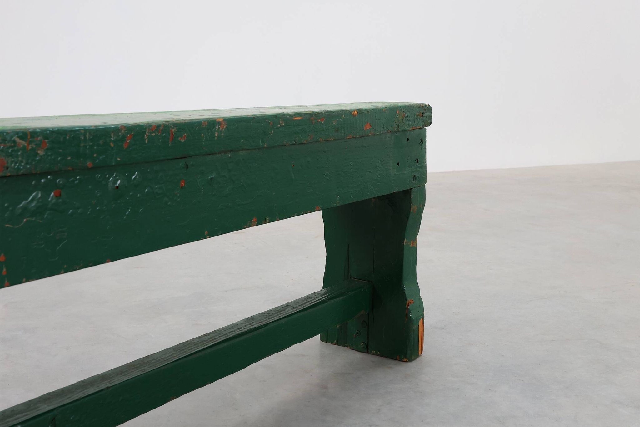Rustic primitive green farmhouse bench in solid oak, France ca. 1900