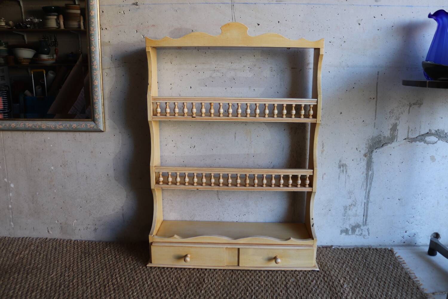 Vintage painted turned wood wall shelf