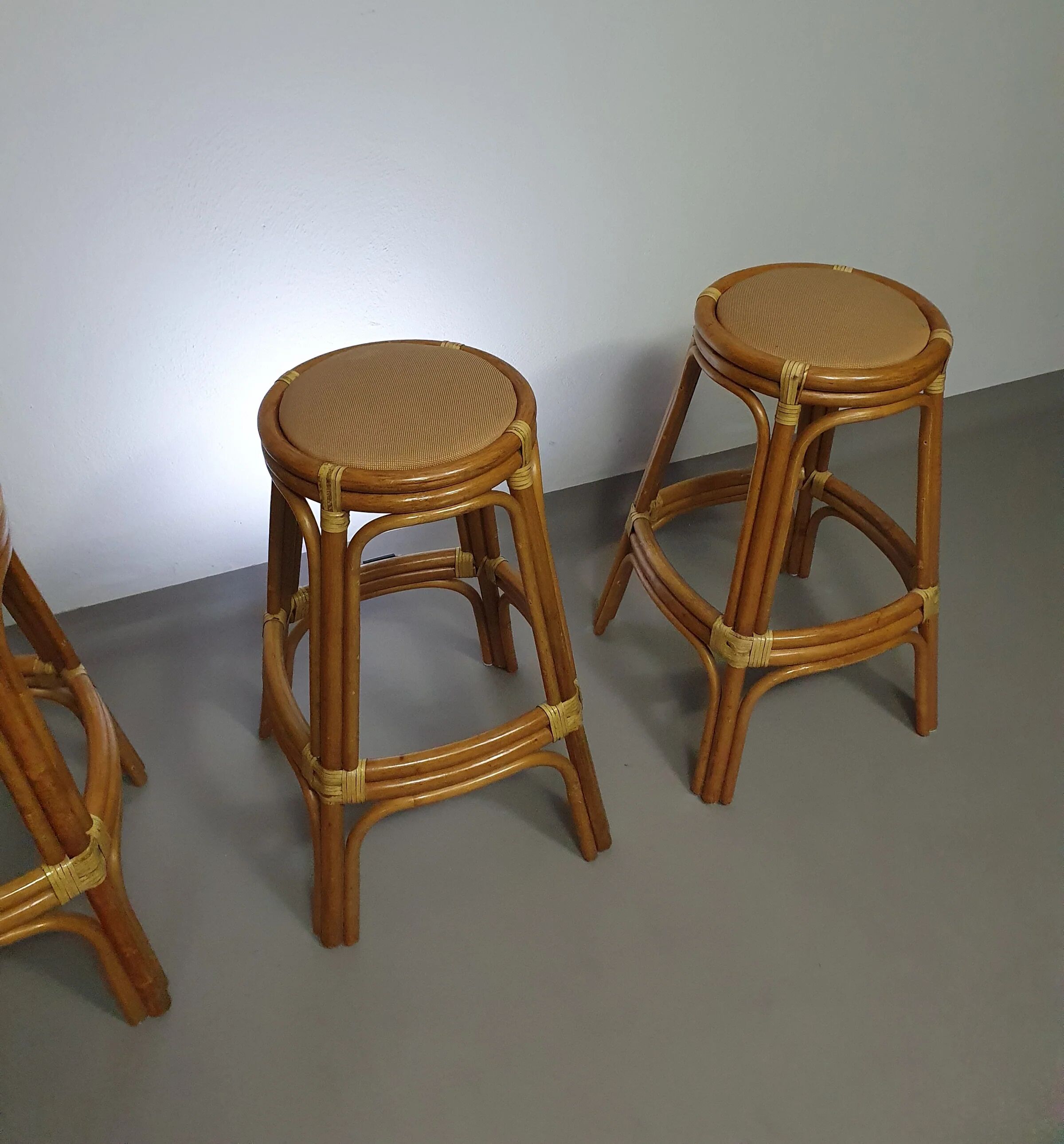 3 x bamboo stool with leather laces / 70s