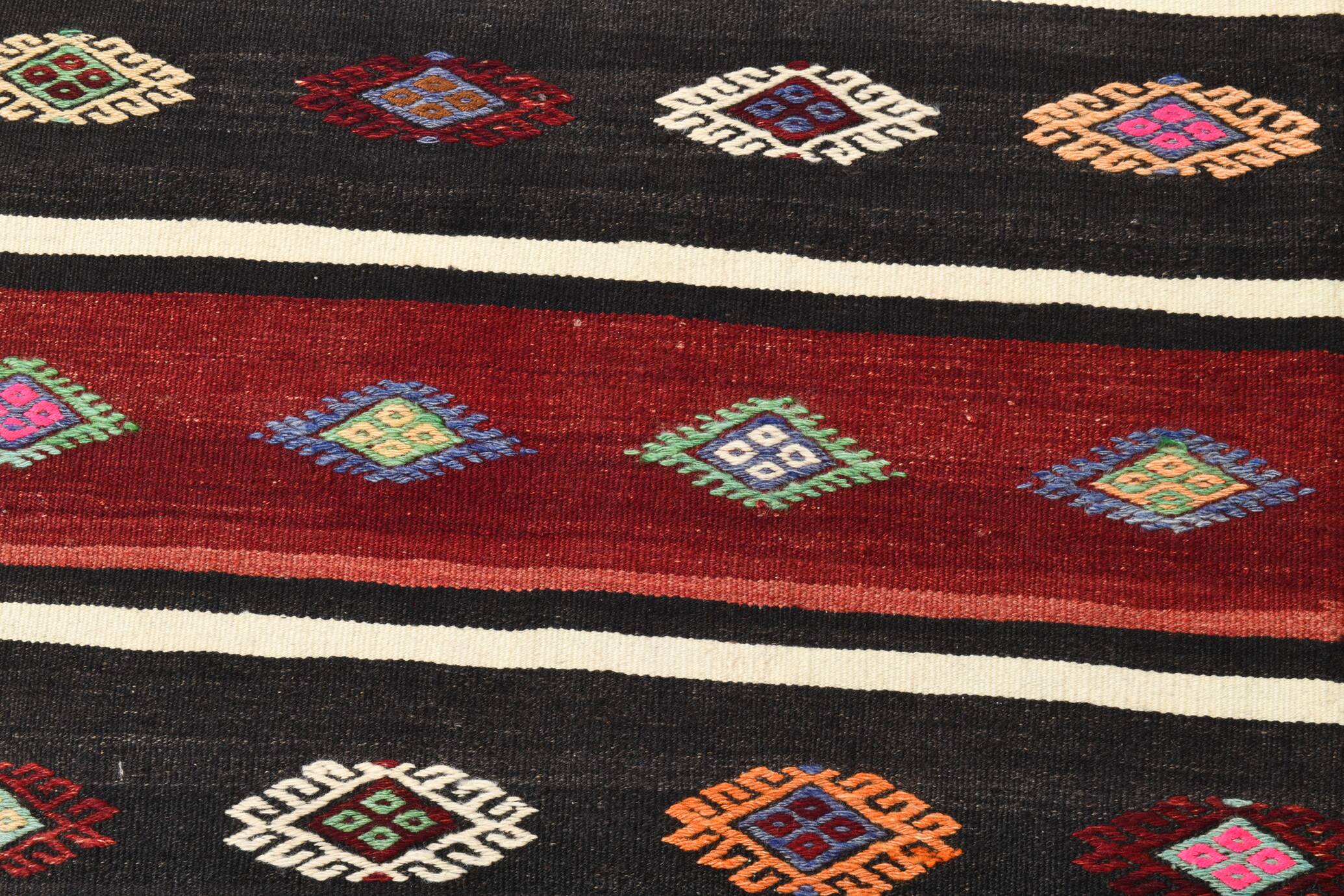 Turkish Red & Black Striped Vintage Kilim Rug, 168x228Cm