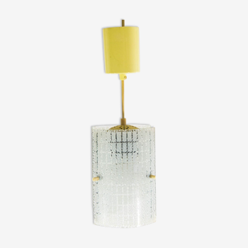 Lampe à suspension rectangulaire en verre gravé des années 70