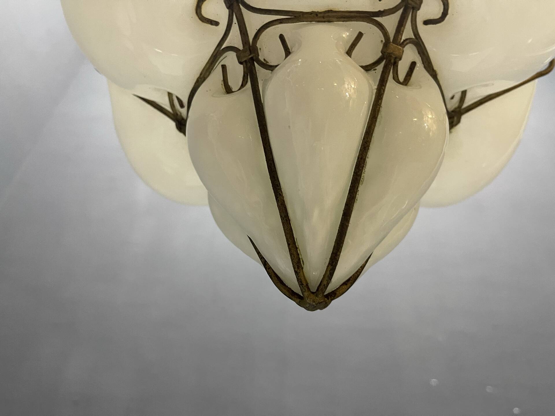 Murano Opaline Glass Pendant Light in Wrought Iron Frame, Italy, Mid-C