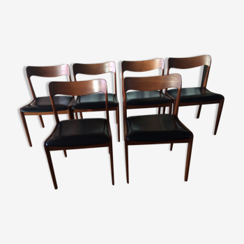 Suite de 6 chaises scandinaves en teck et skai noir