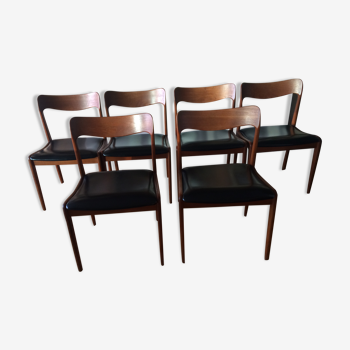 Suite of 6 chairs in solid teak and black skai