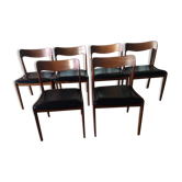 Suite of 6 chairs in solid teak and black skai