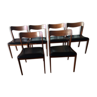 Suite of 6 chairs in solid teak and black skai