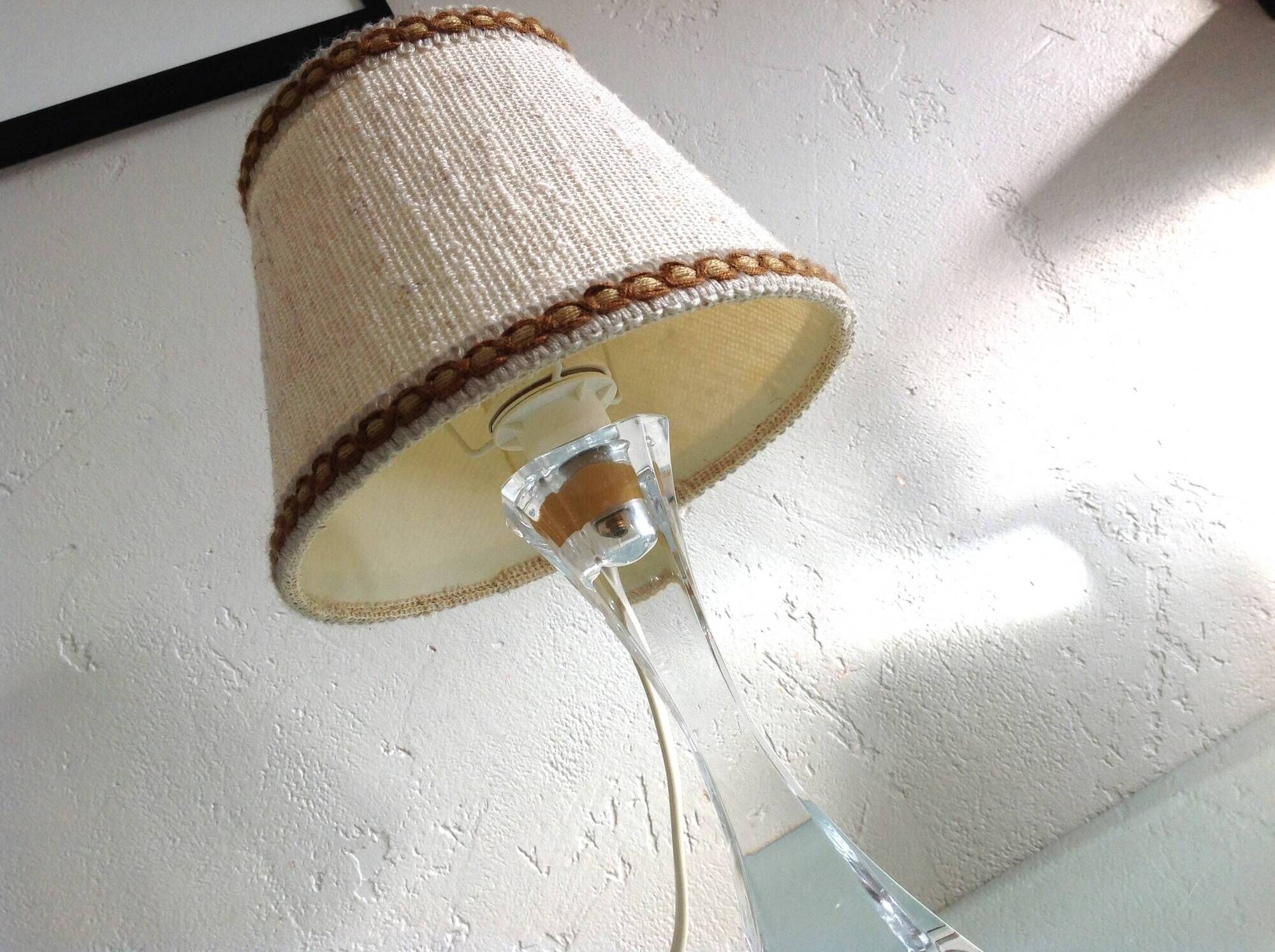 Bedside lamp with glass base and beige fabric lampshade / vintage 60s-70s