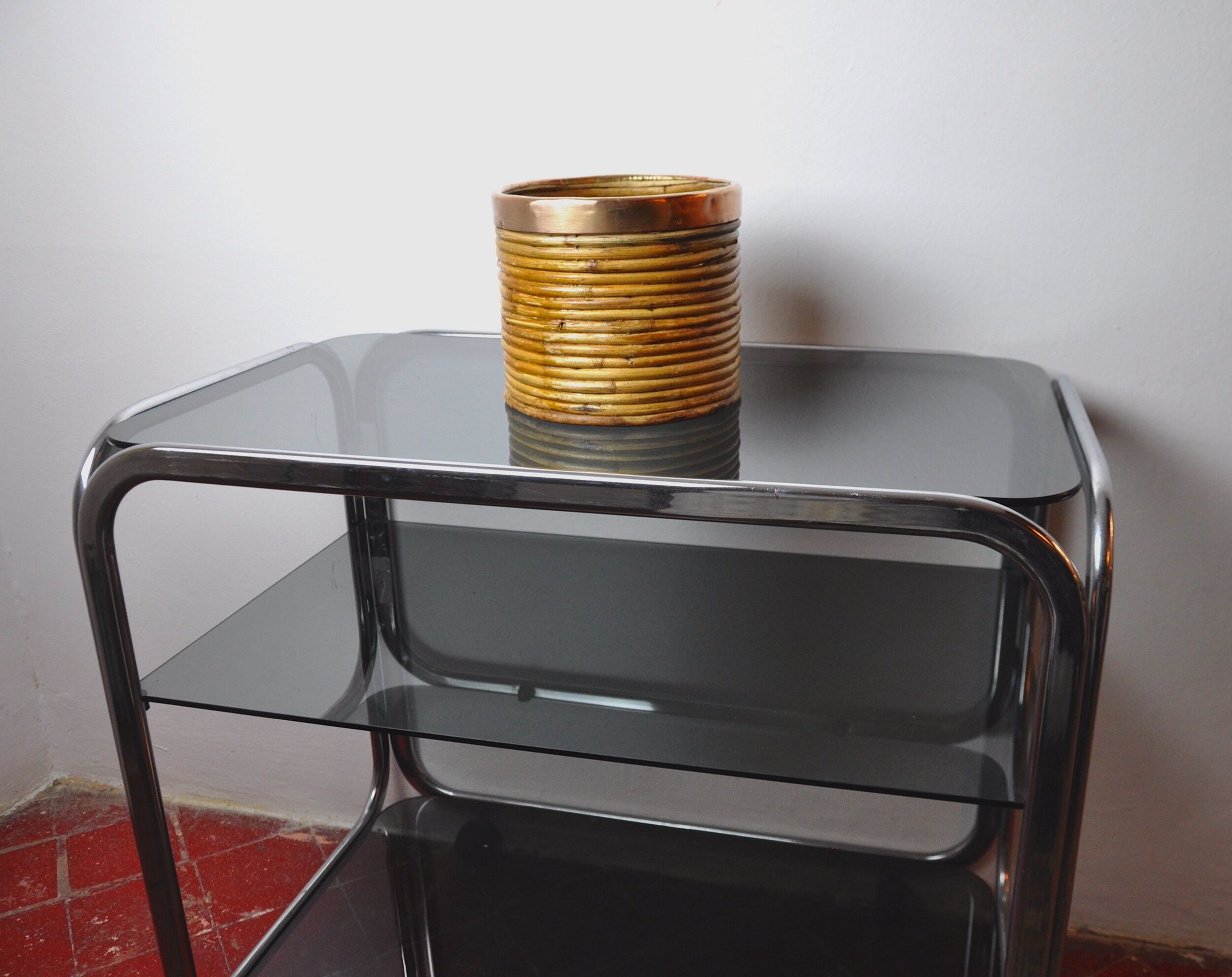 Rattan and copper basket, Italy, 1970