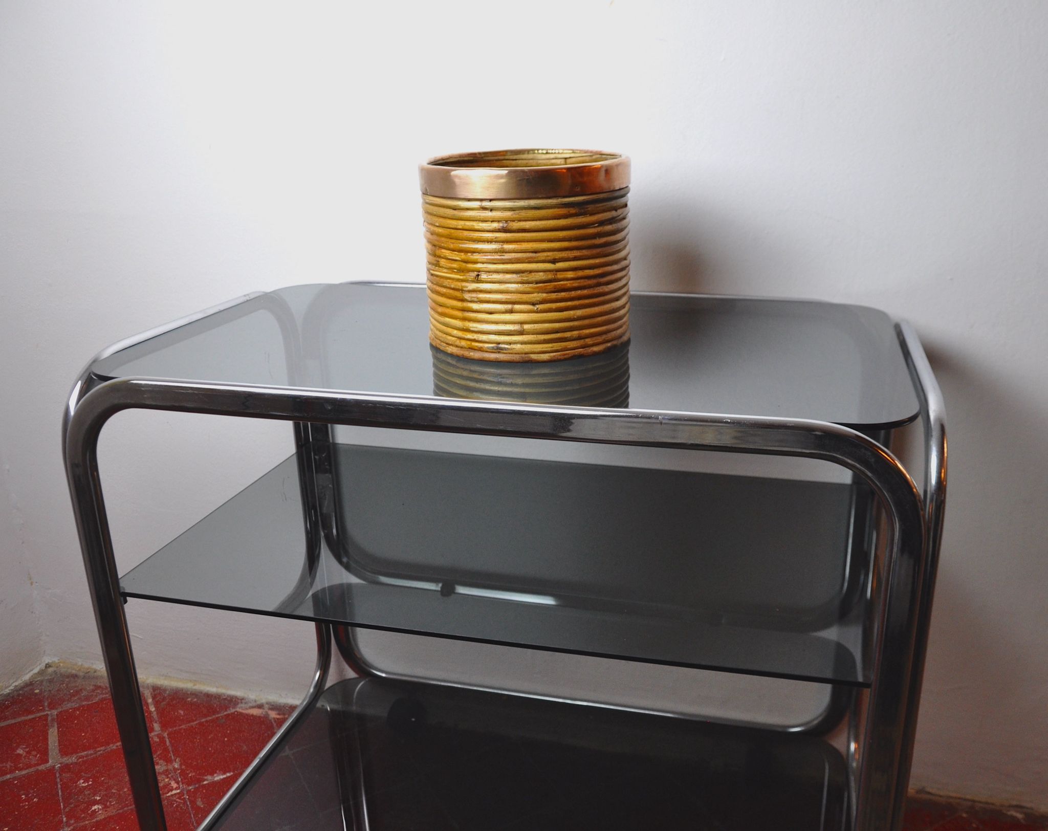Panier en rotin et cuivre, Italie, 1970