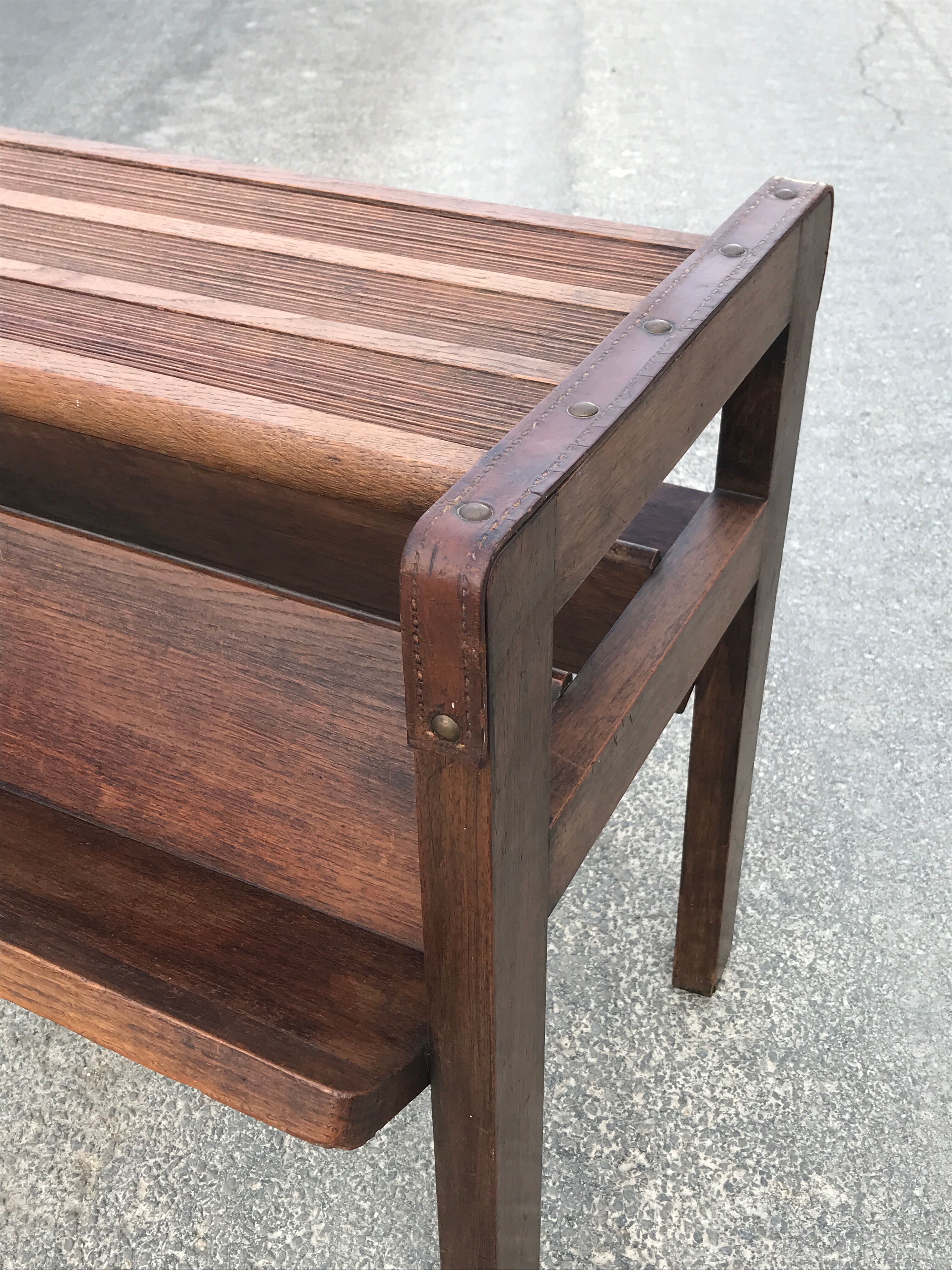 Oak and leather table vintage brutalist design 60s