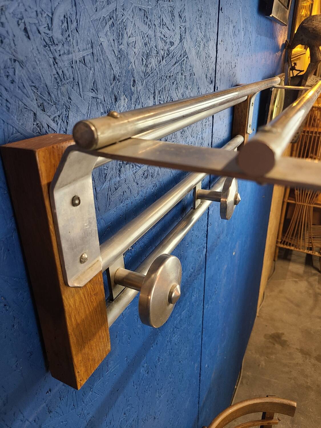 Coat rack, oak, vintage aluminum