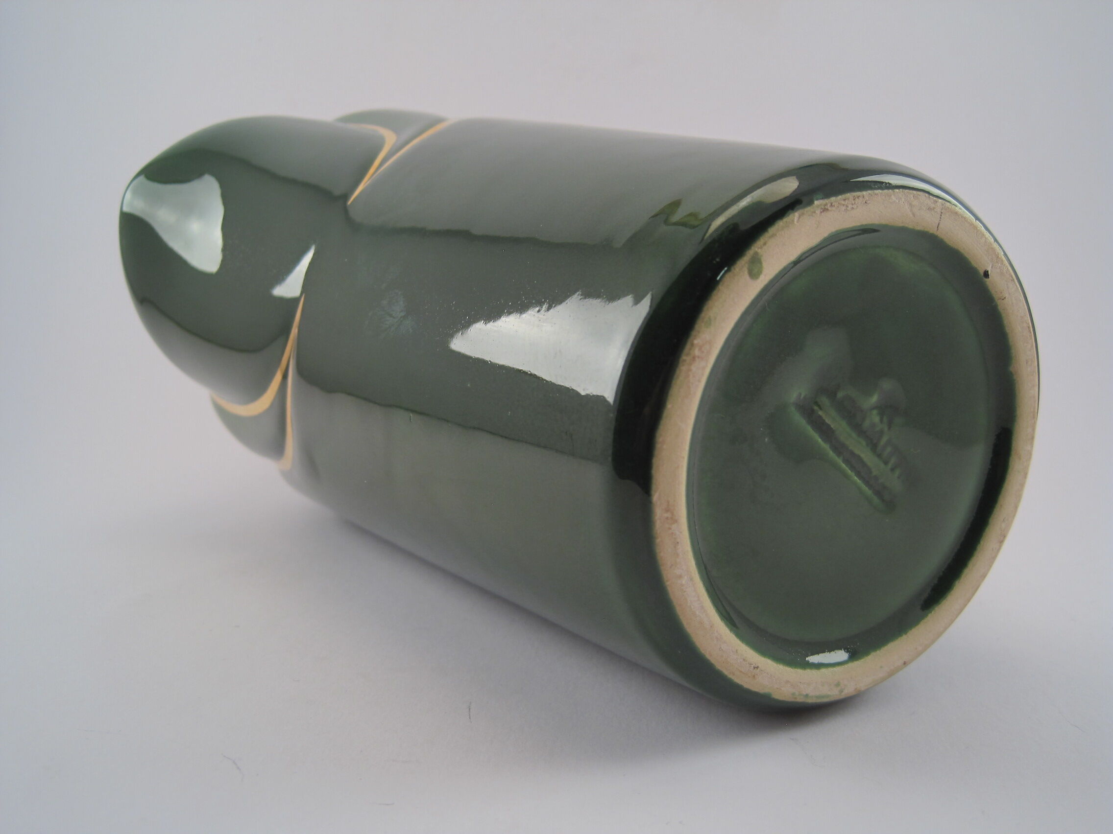 Modernist pitcher in green and gold glazed ceramic, brand MAGDALITHE MADE IN FRANCE around 1950 1