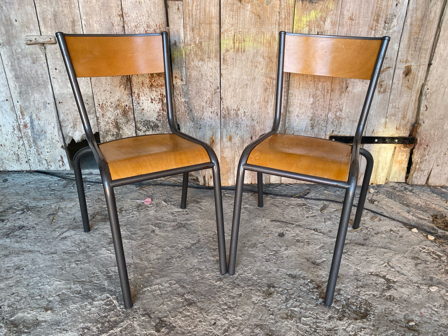 Pair of Vintage Style MULLCA Model 510 Grey Metal + Wood Chairs