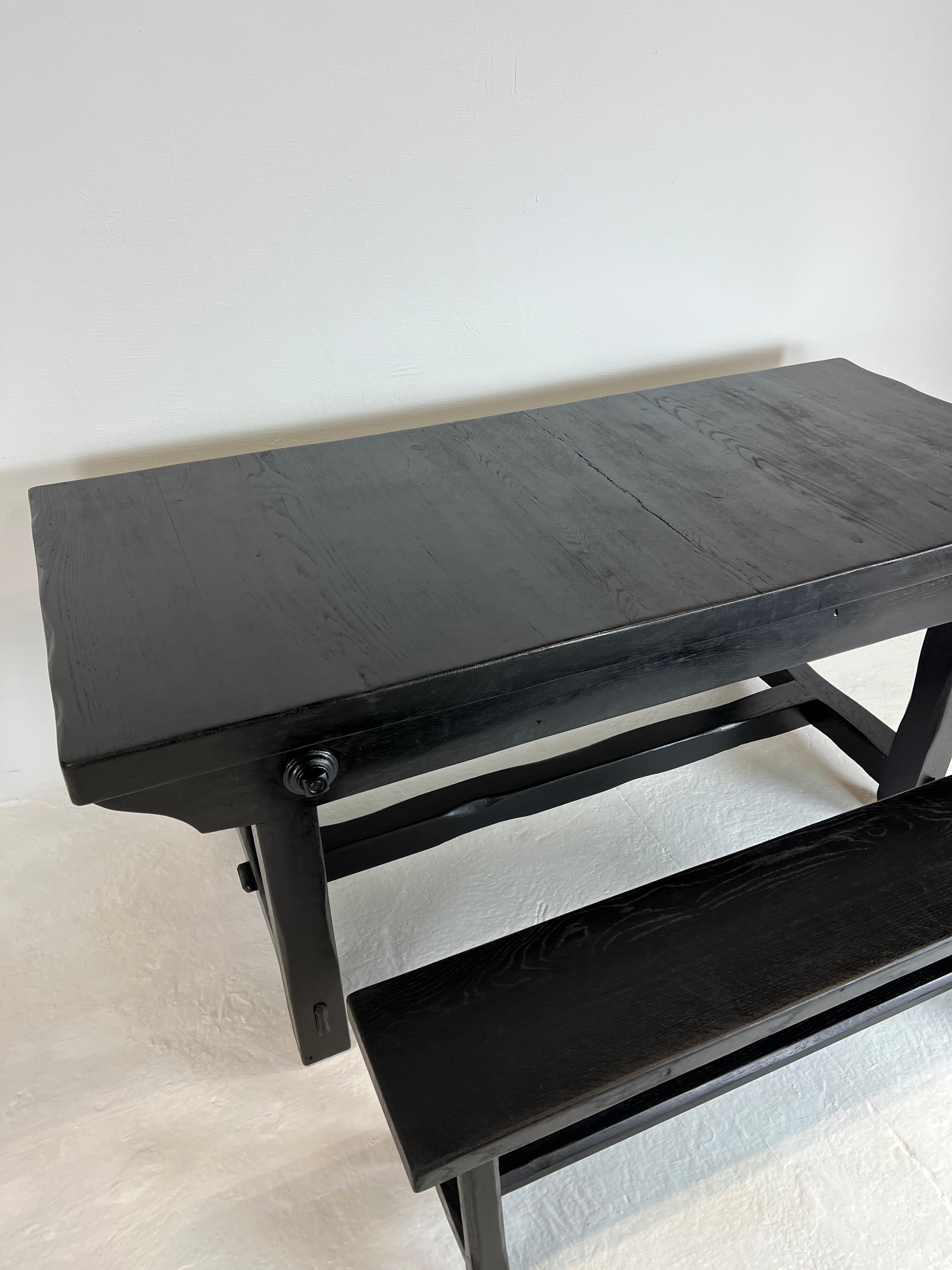 Brutalist elm table Wabi-sabi spirit and its 2 benches