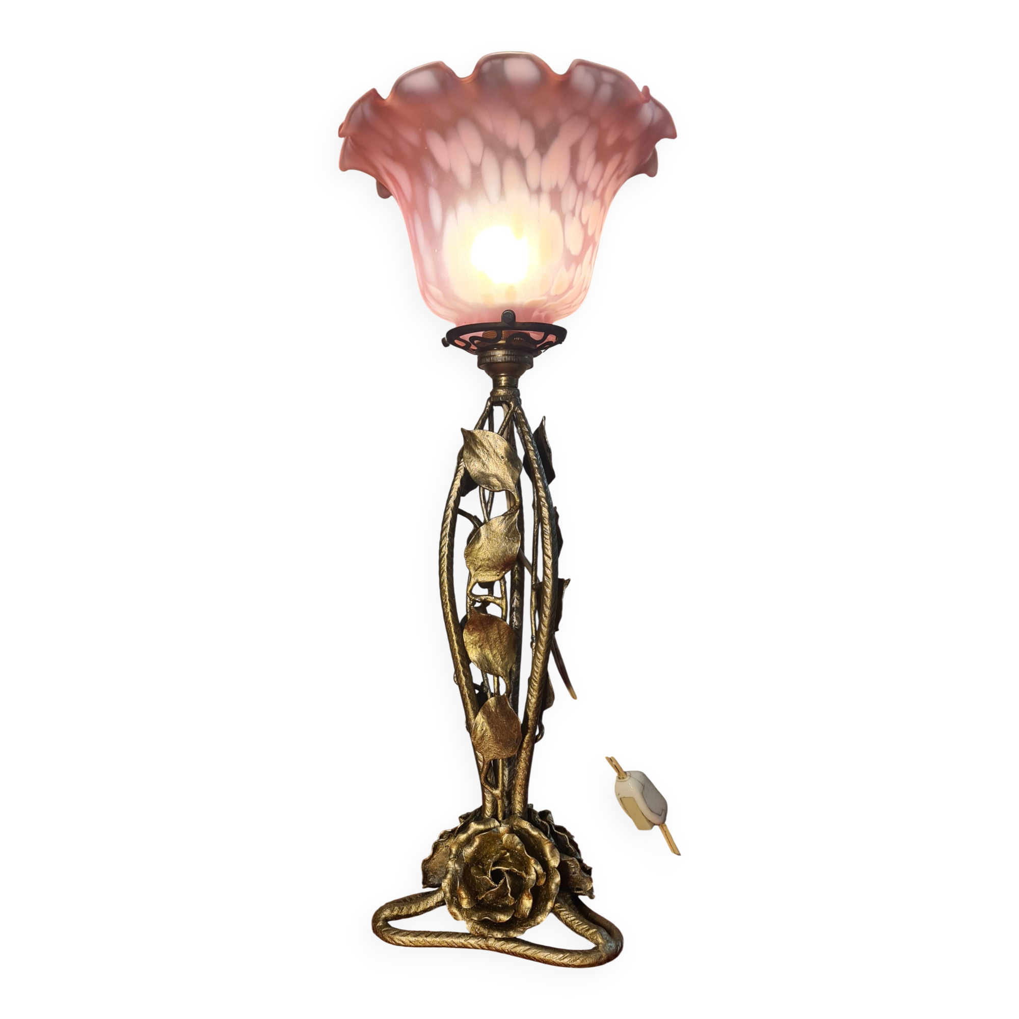 Art Deco wrought iron lamp with glass paste tulip, 1930s, with its wire