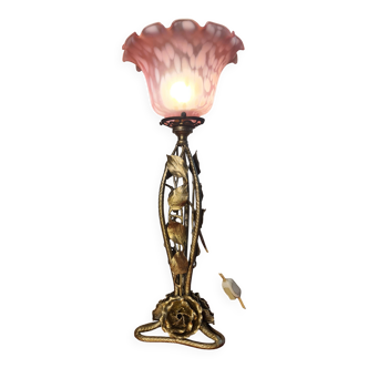 Lampe Art déco en fer forgé avec tulipe en pâte de verre, 1930