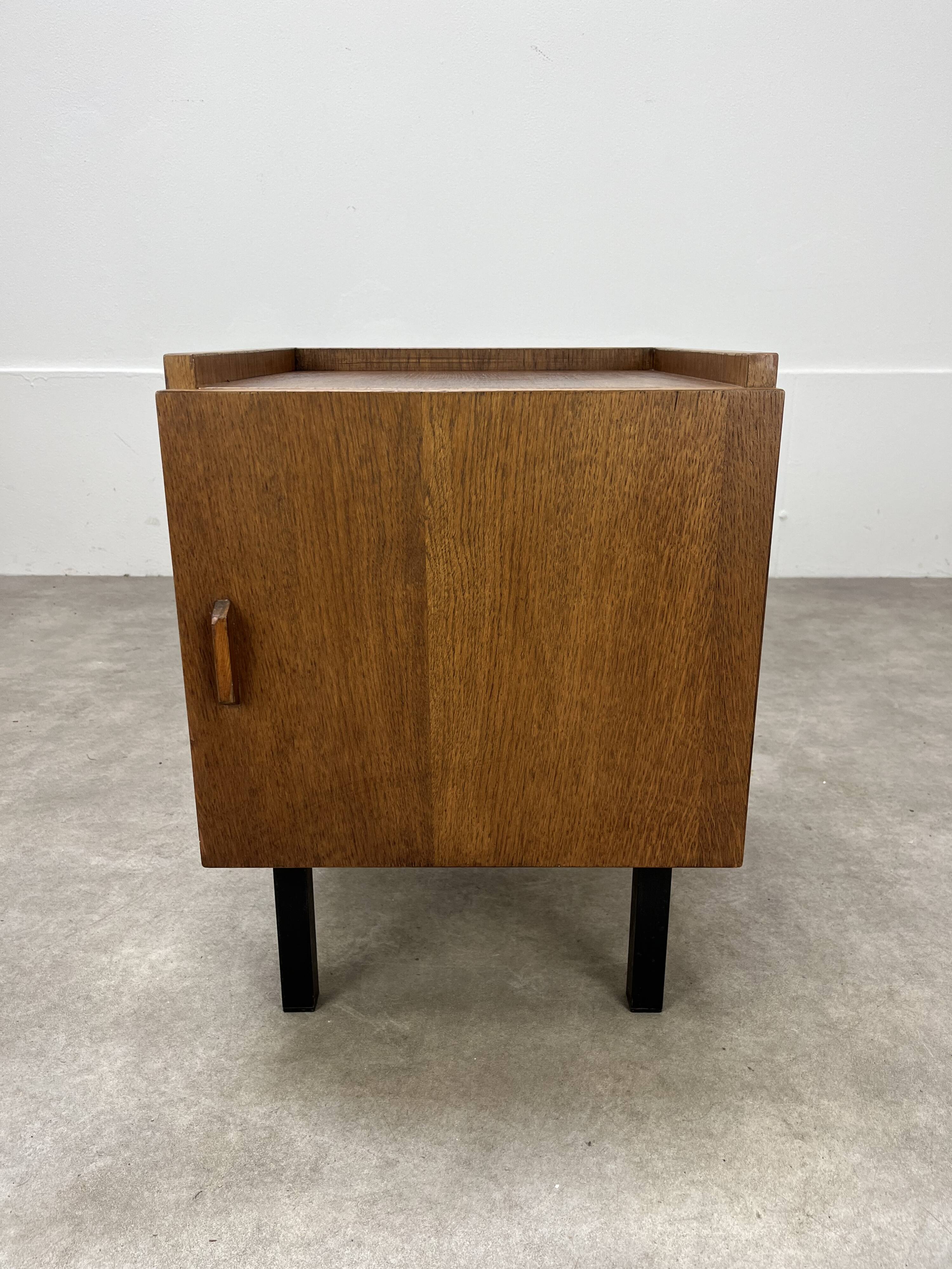 1950s modernist bedside table, wood and metal, vintage