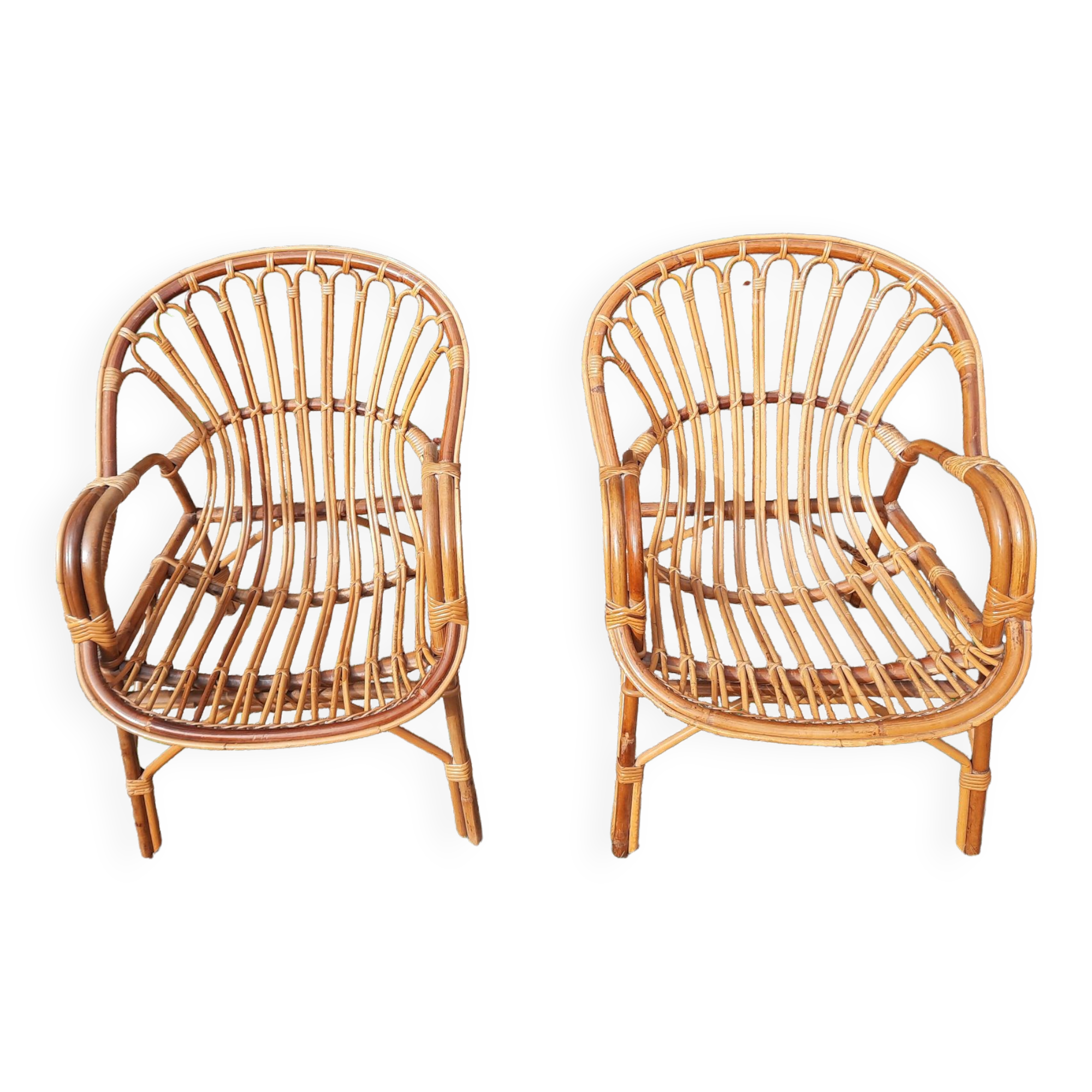 Pair of rattan and bamboo armchairs