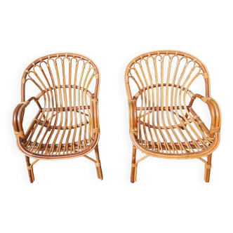 Pair of rattan and bamboo armchairs