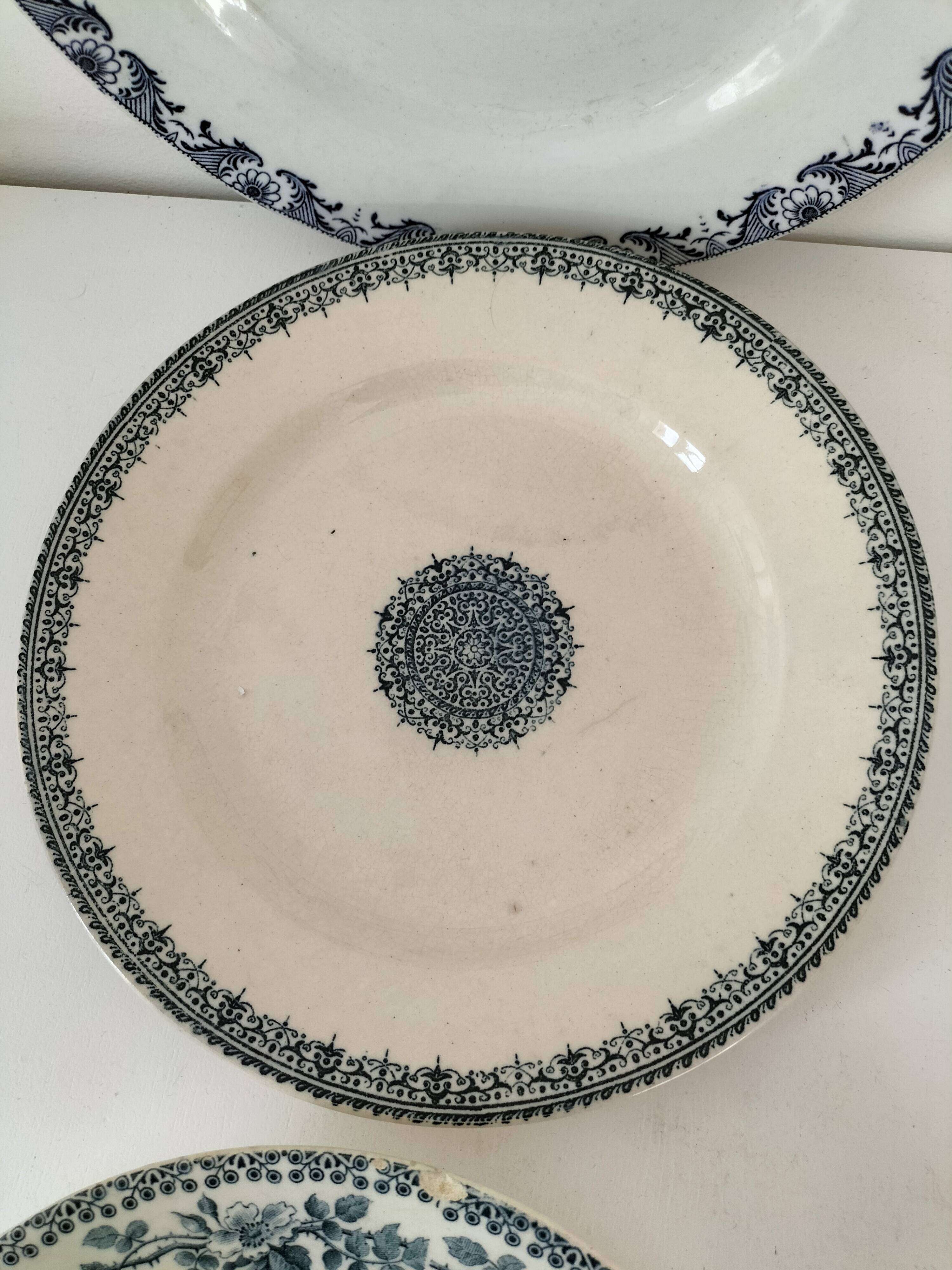 8 ironstone plates from the 19th century in blue camaïeu, mixed manufacturers.