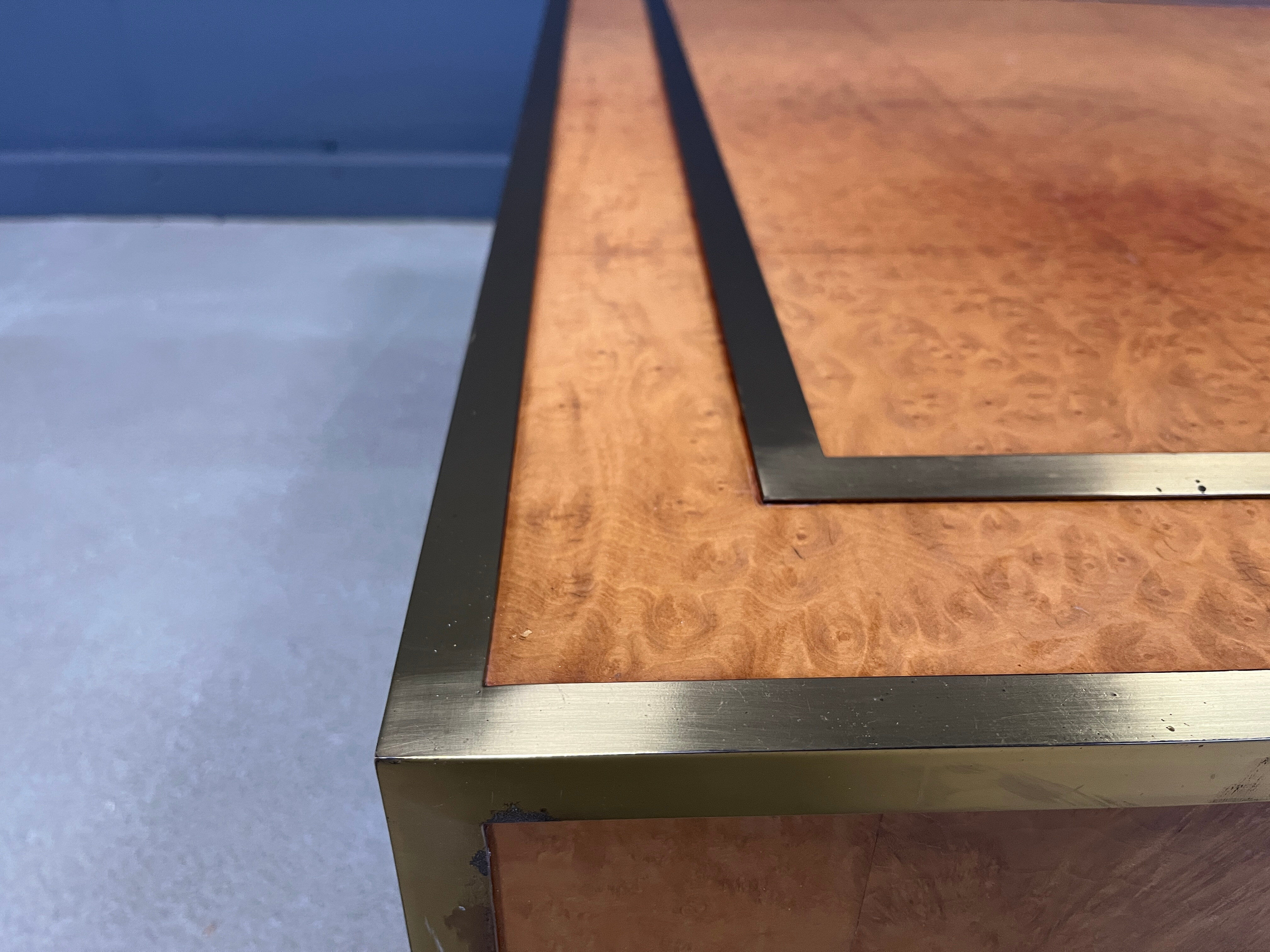 Brass and burl wood coffee table by Jean Claude Mahey, 1970s