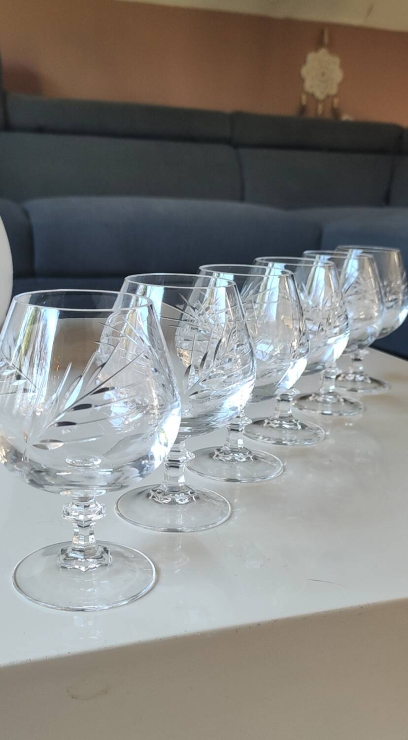 Set of 6 Cognac Glasses. Fleury/Arques Crystal Model. Wheat Ears Design