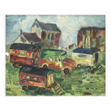 Oil on canvas representing a gypsy or fairground camp