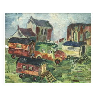 Oil on canvas representing a gypsy or fairground camp