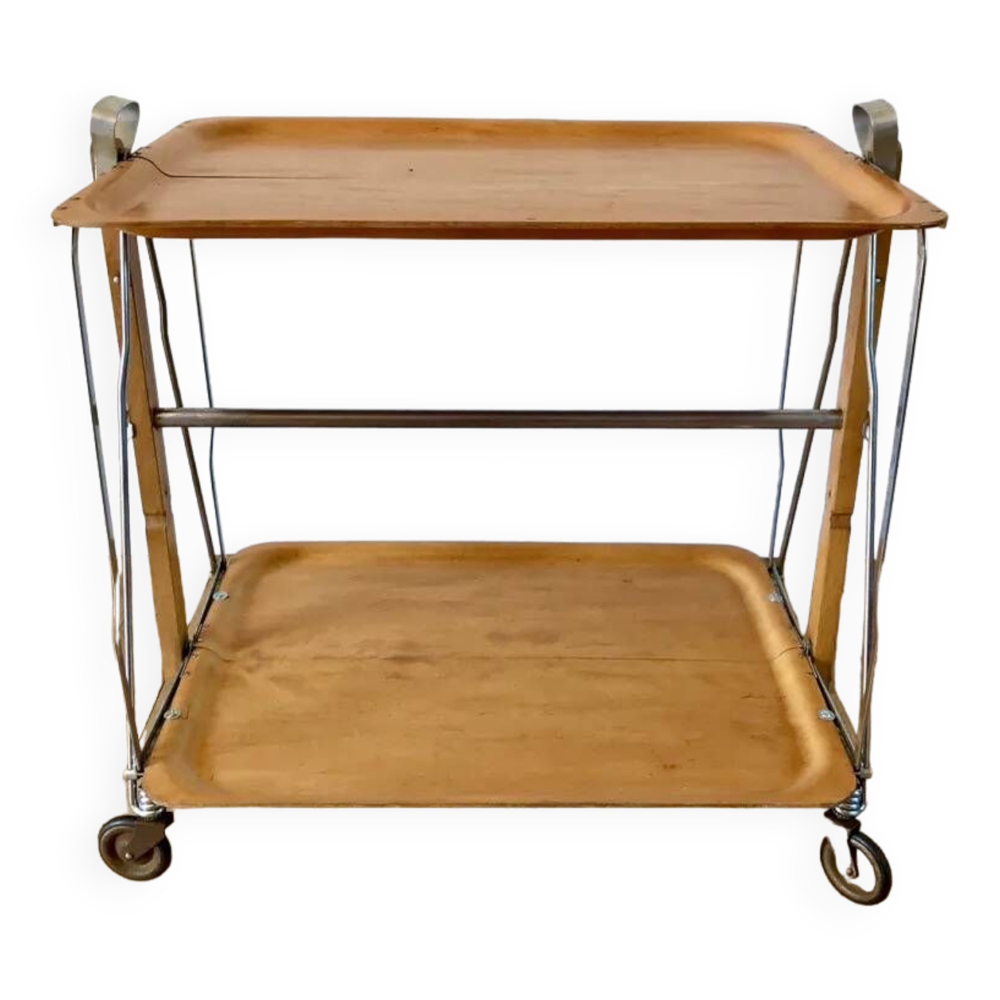 Metal trolley in beech wood and metal upright from the 60s
