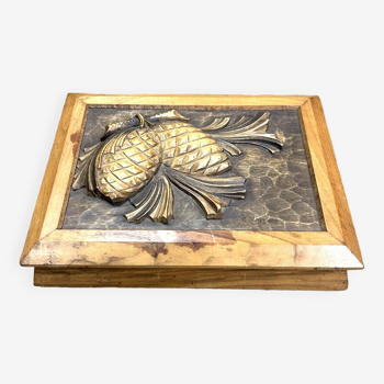 Old box box, carved wood, pine cones, signed "C.Haufer"