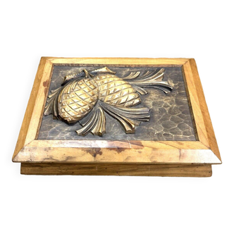 Old box box, carved wood, pine cones, signed "C.Haufer"