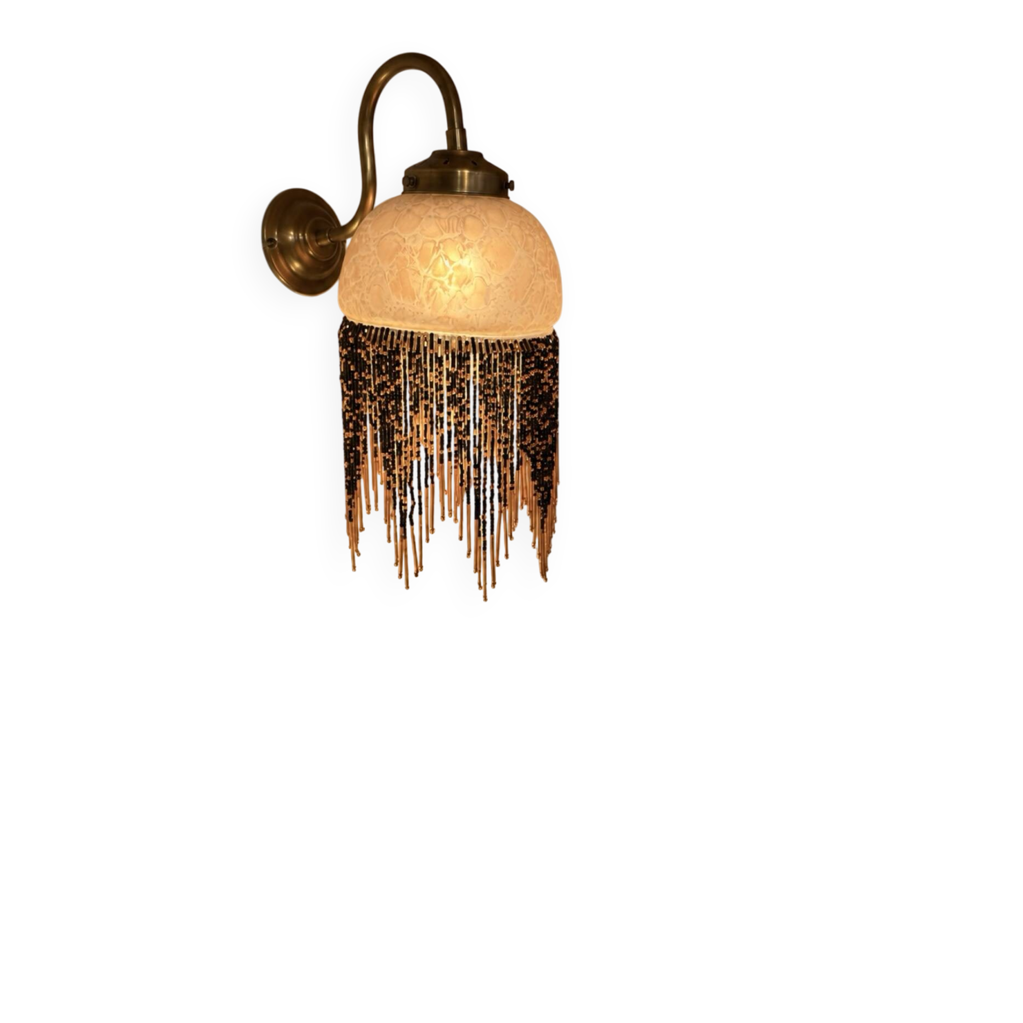 Wall lamp with marbled glass shade and beaded fringe in Art Nouveau style.
