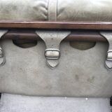 Wood & Leather Armchairs With Pouf, Set of 4