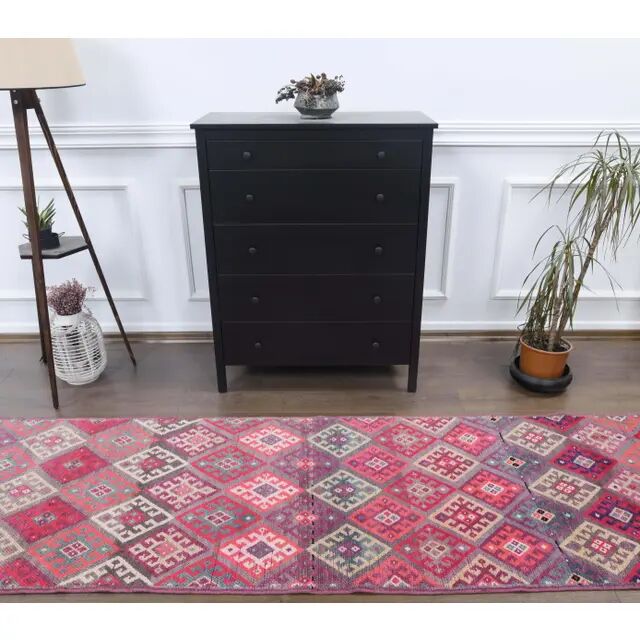 Vintage pink diamond Turkish hand-knotted runner rug 96x345