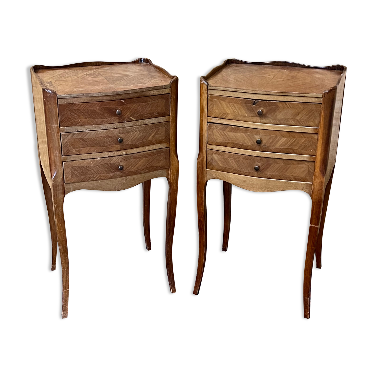 Pair of old Louis XV style bedside tables, in walnut veneer