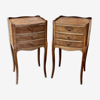 Pair of old Louis XV style bedside tables, in walnut veneer