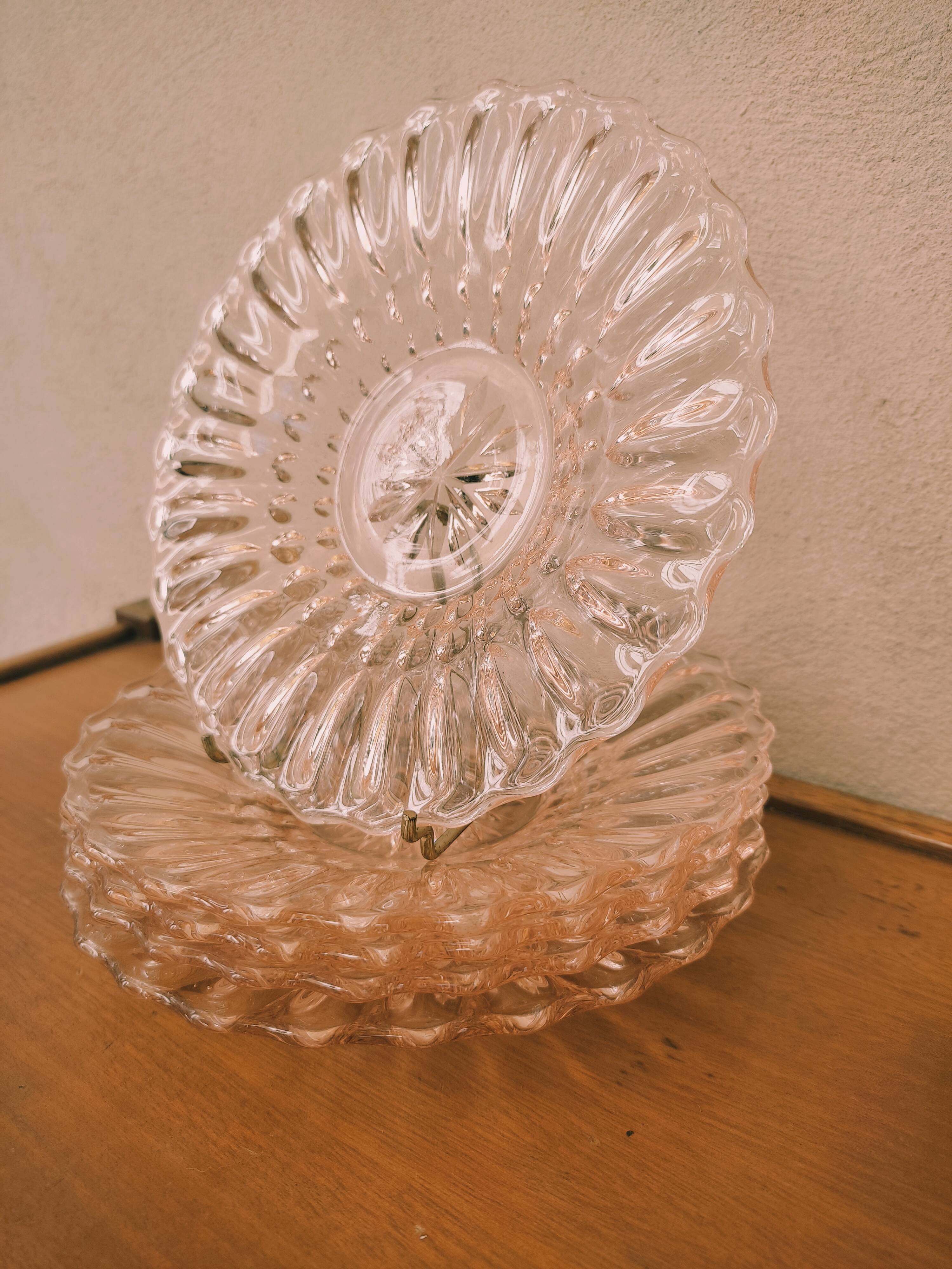 5 pink glass dessert plates
