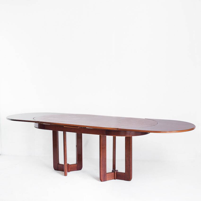 Vintage dining table with two extensions in varnished elm. Spain, 80s.